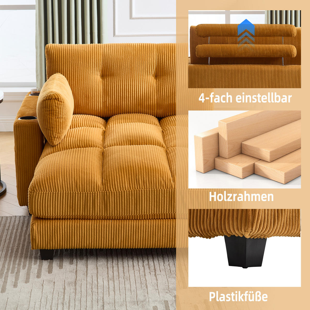 RÉCAMIERE Cord Senfgelb mit USB, Getränkehaltern und Seitentasche - Orange, Holzwerkstoff/Kunststoff (140/81/121cm) - WISHDOR