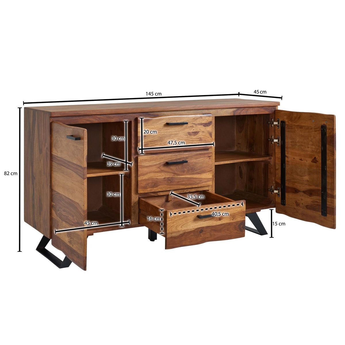 SIDEBOARD – Massivholz, 145x82x45 cm, mit Baumkante, Metallgestell - Schwarz/Braun, Holz/Metall (145/82/45cm) - KADIMA DESIGN