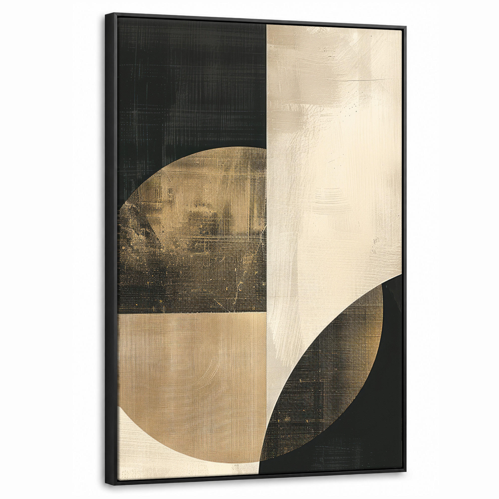 LEINWAND Bilder mit Rahmen - Abstrakt - Geometrische Formen - Schwarz - Gold - 60x90 - Ecru, Textil (60/90cm) - MuchoWow