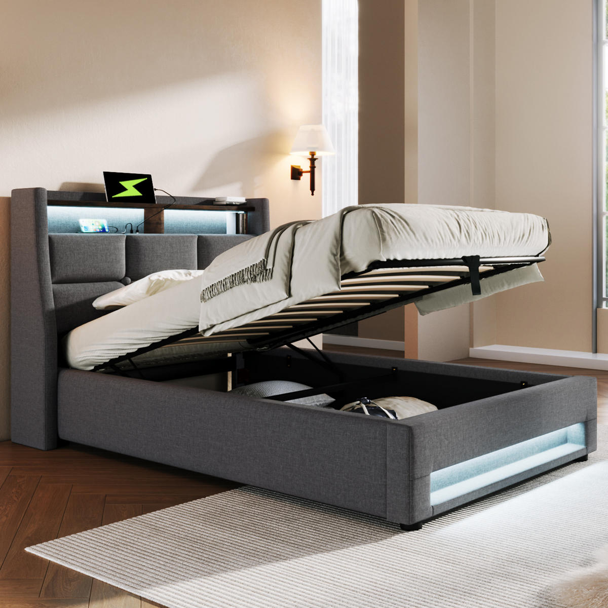 POLSTERBETT 90/200 cm grau mit USB-Anschluss und LED-Beleuchtung - Grau, Textil (90/200cm) - OKWISH