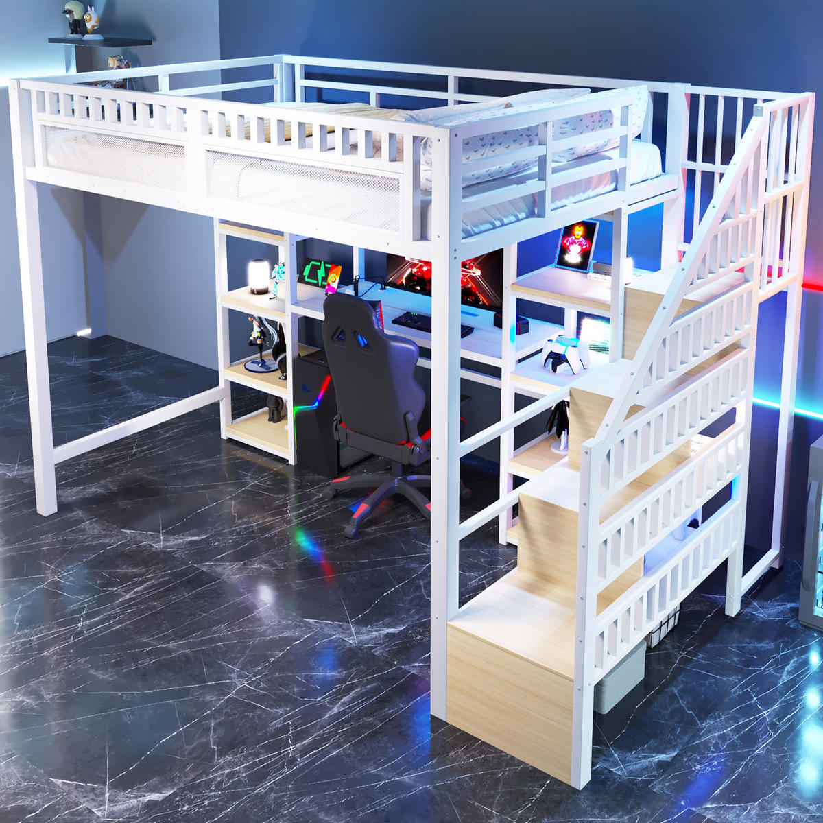 HOCHBETT 140/200 cm in Weiß – mit Schreibtisch, Stauraumleiter und LED - Weiß, Metall (140/200cm) - BEAOK