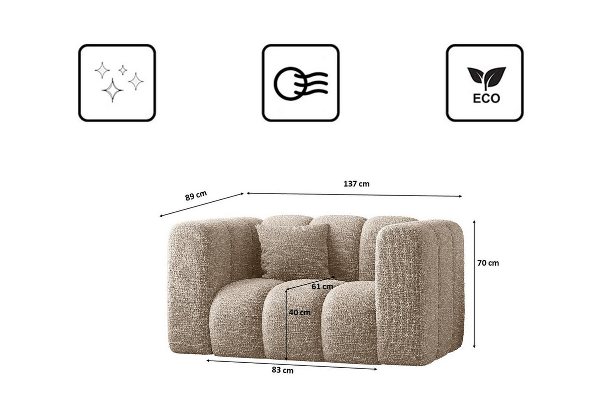 SESSEL Sofa Grand modular stoff Haga Beige - Beige, Holz (137/70/89cm) - Kaiser Möbel