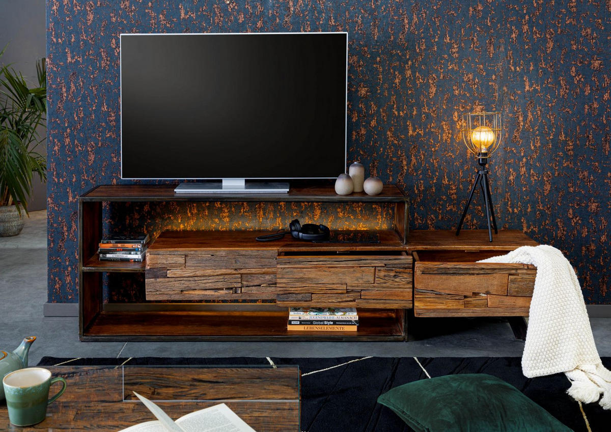 TV-BOARD Akazie / Altholz 195x40x60 braun lackiert SEVILLA #04 - Braun, Holz (195/60/40cm) - Massivmoebel24