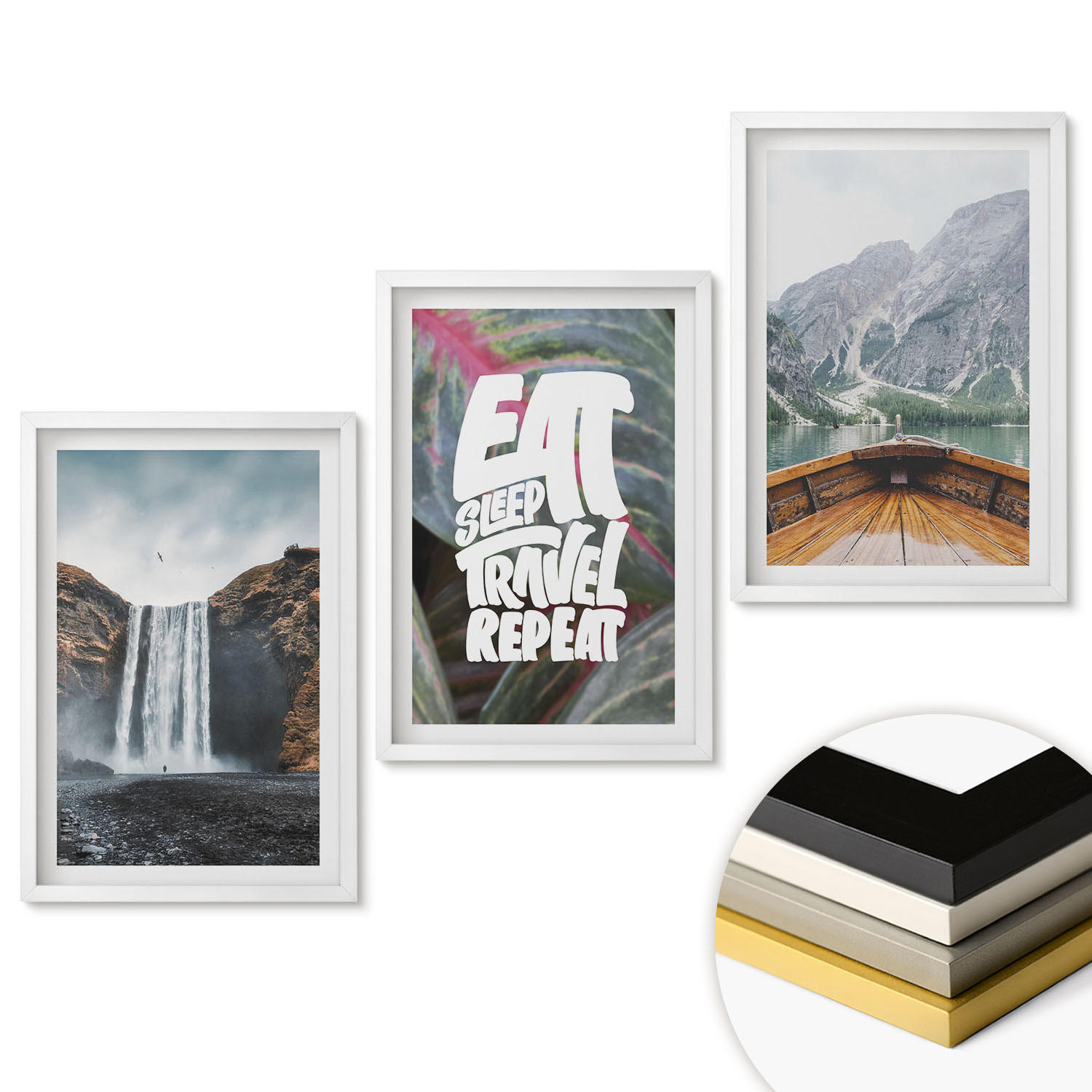 WANDBILDER 3er-Set - 40x60 cm Weißer Rahmen - Wasserfall Berge Natur Boot - Weiß, Kunststoff (40/60cm) - ArtPrintCave