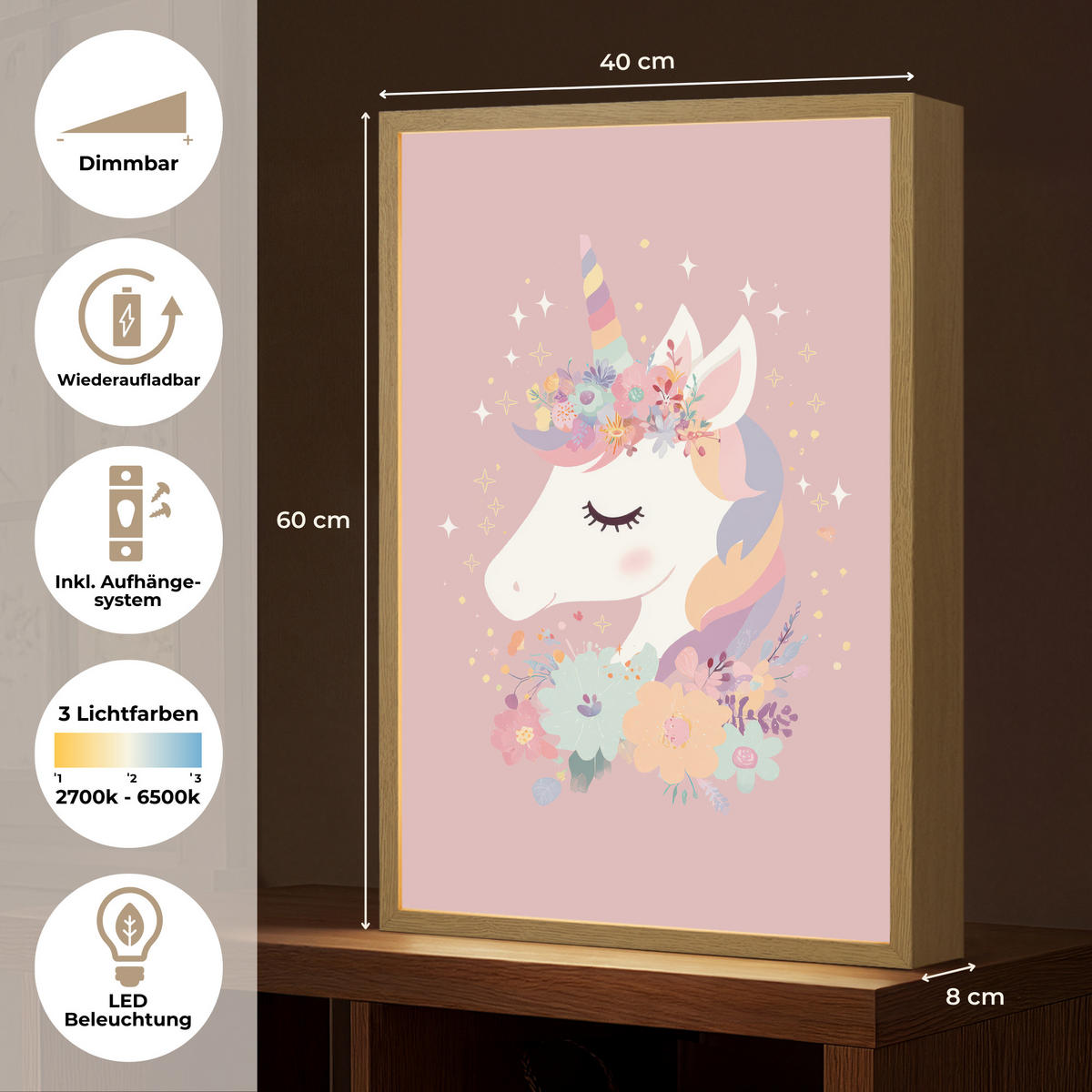 DOBÍJECÍ NOČNÍ LAMPIČKA Jednorožec - růžová - květiny 40x60 cm - růžová, kompozitní dřevo (8/40/60cm) - OnlyWow