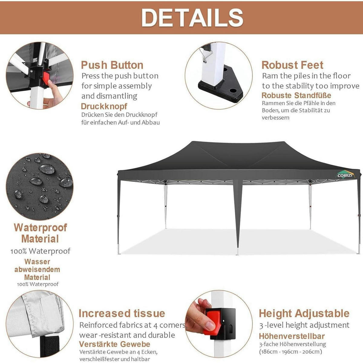 FALTPAVILLON 3 x 6 m Schwarz mit Seitenteilen - Schwarz, Textil (600/320/300cm)