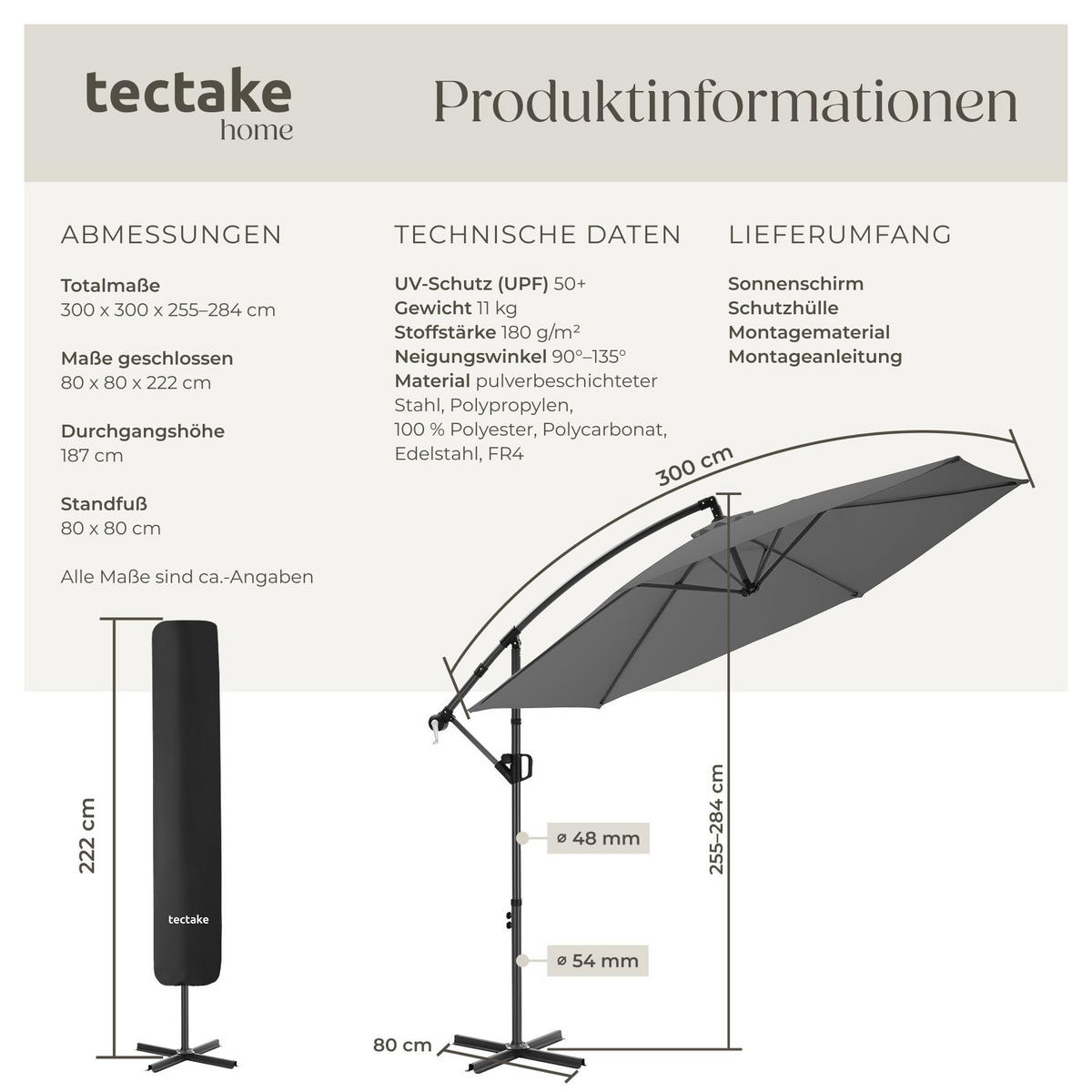 AMPELSCHIRM Artemis, inkl. Schutzhülle, grau - Grau, Metall (300/300cm) - tectake