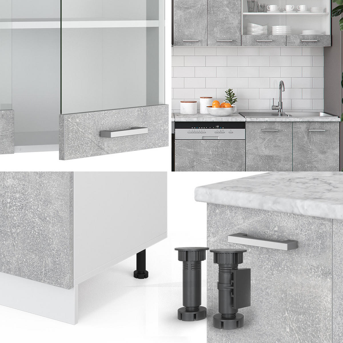 KÜCHENZEILE R-Line Beton/Weiß 300 cm, AP Anthrazit - Schieferfarben/Weiß, Holzwerkstoff (300/81.6/60cm) - Vicco