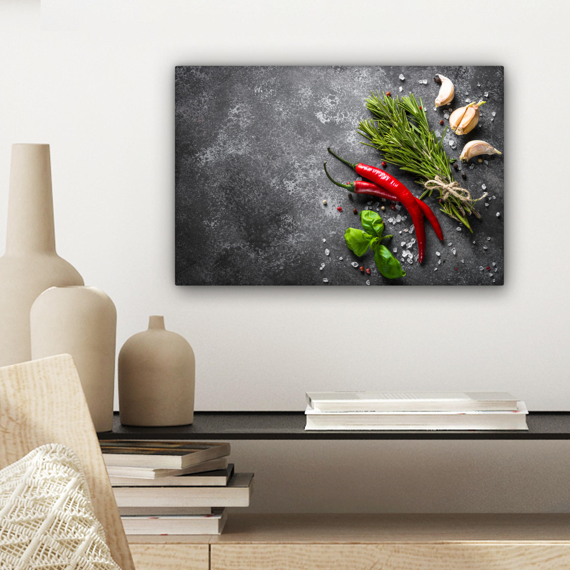 LEINWANDBILD Pfeffer - Kräuter - Gewürze - Beton 30x20 cm - Dunkelgrau, Textil (30/20cm) - MuchoWow