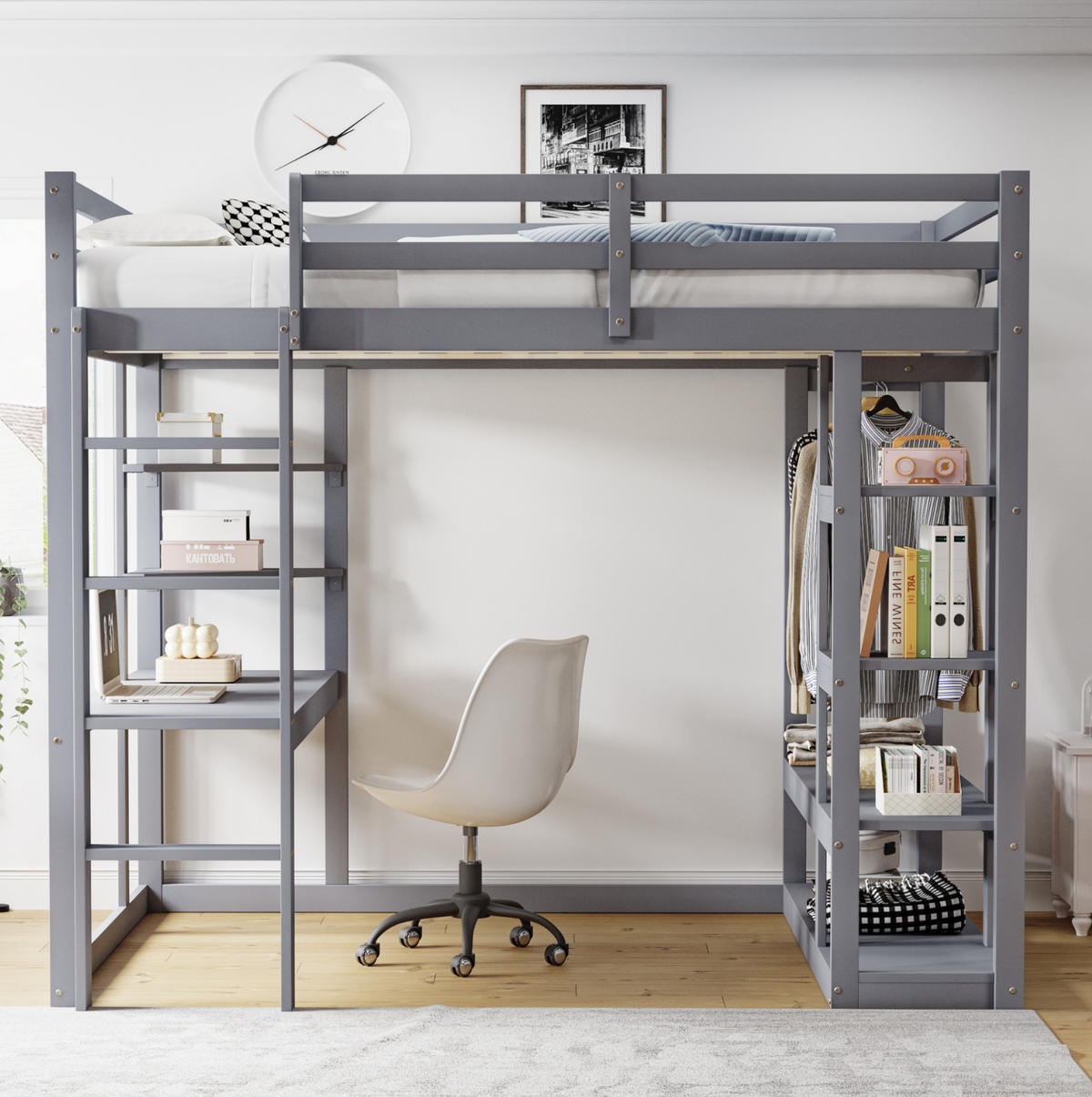 HOCHBETT mit Schreibtisch und Stauraum 140x200 cm Grau - Grau, Holzwerkstoff (140/200cm) - Beauniv