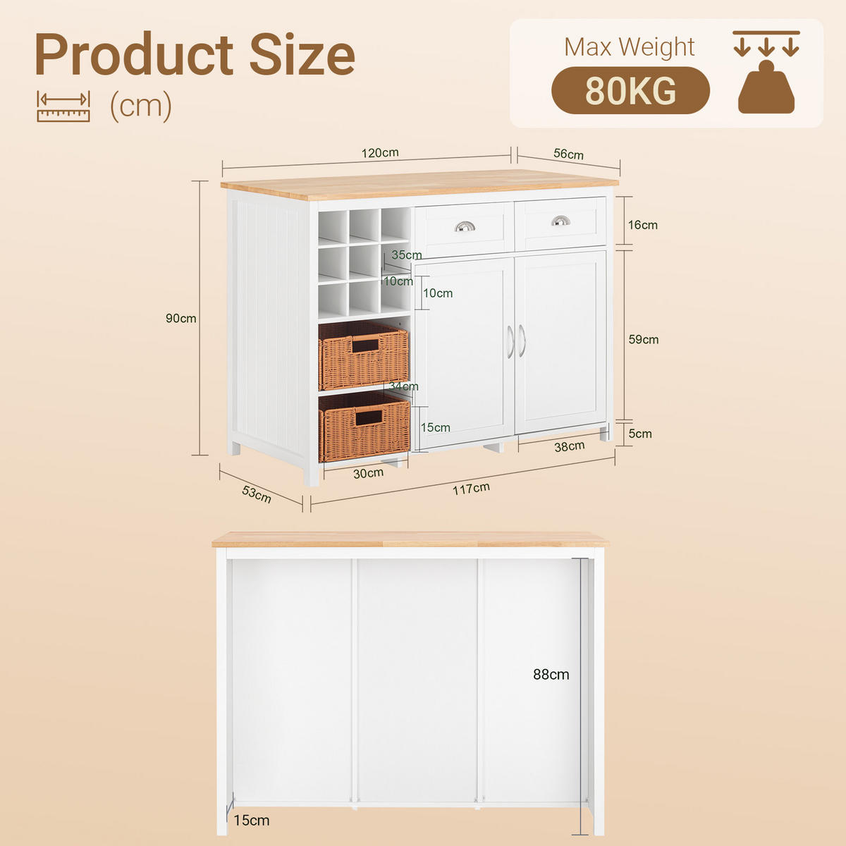 INSULA de bucătărie cu rafturi pentru sticle și sertare - alb, materiale naturale/compozit lemnos (120/90/56cm) - SoBuy