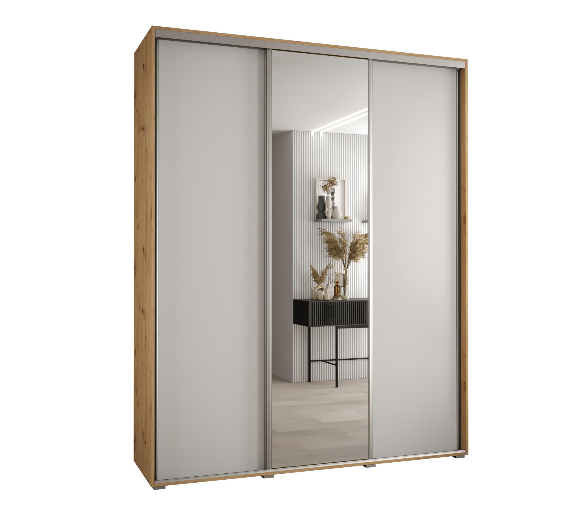 Abiks Möbel Schwebetürenschrank Eiche Artisan, Weiß, Silber 200x235x45 cm