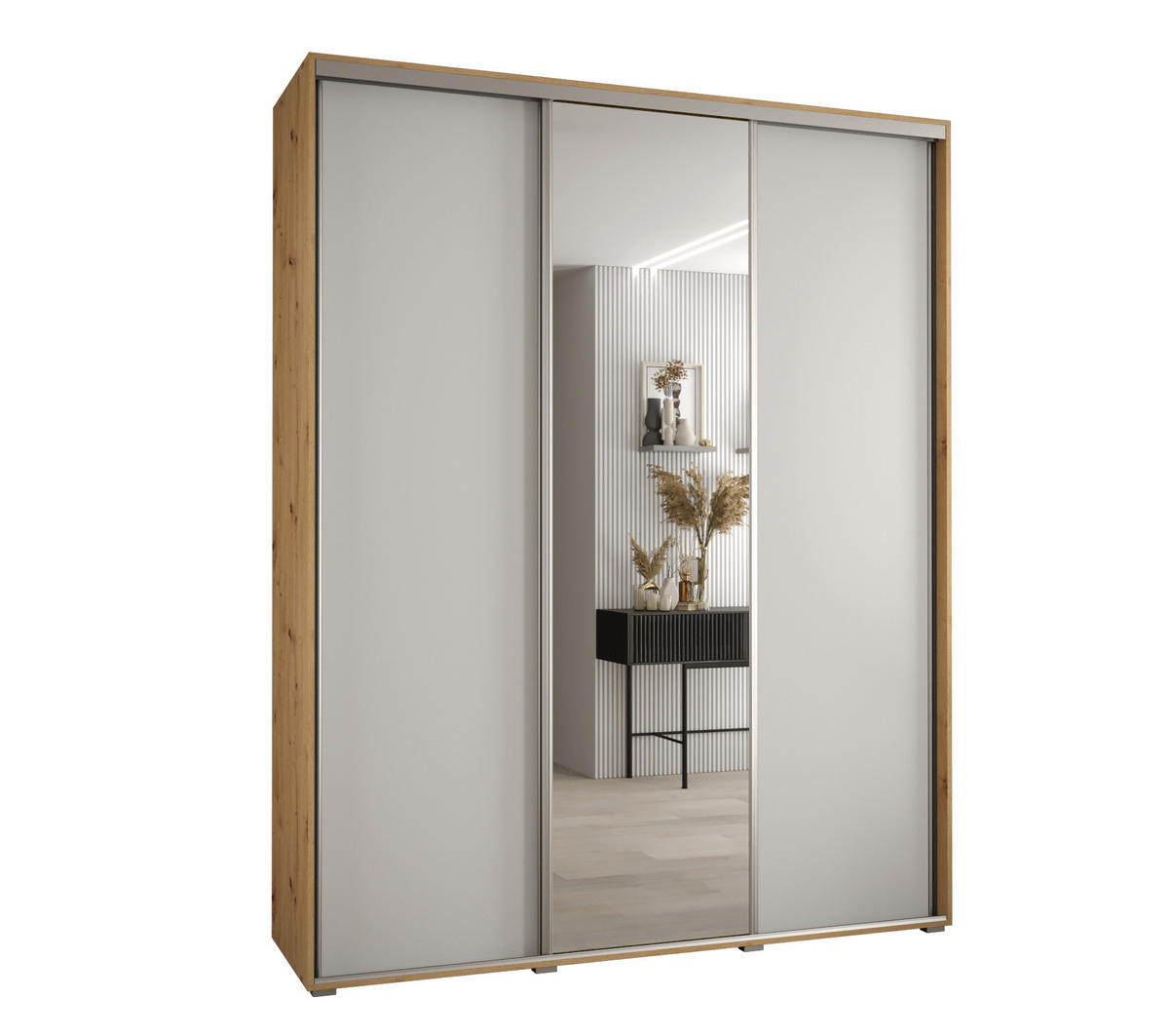 SCHWEBETÜRENSCHRANK 235,2/190/60 3-türig - Silberfarben/Weiß, Holz/Metall (190/235/60cm) - Abiks Möbel