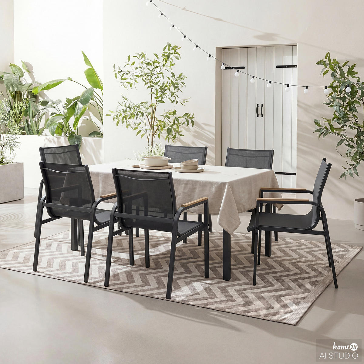 GARTENESSGRUPPE - 7-teilig - Stahl / Glas / Olefin - Anthrazit, Glas/Textil - home24