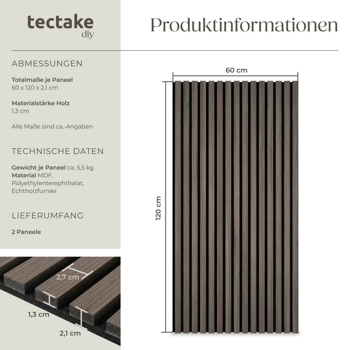 AKUSTIKPANEELE 2er Set Sonic Wall,je 60 x 120 x 2,1 cm, Größe flexibel anpassbar,Eiche grau - Grau/Silbereichenfarben, Holz (60/120/120cm) - tectake