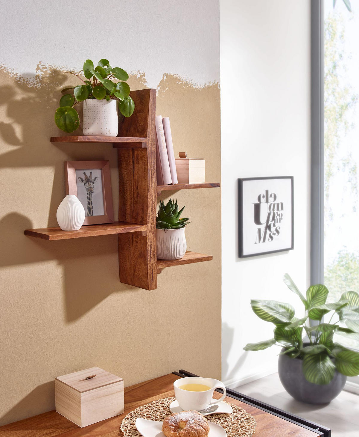 WANDREGAL Massivholz Baumform 58x60x15 cm mit 4 Ablagen - Braun, Holz (58/60/15cm) - KADIMA DESIGN