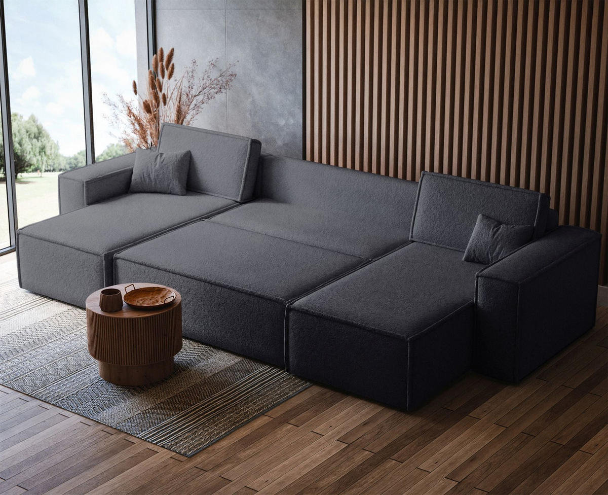 WOHNLANDSCHAFT Scarlo Dunkelgrau Bouclé-Bezug - Dunkelgrau/Schwarz, Kunststoff/Textil (312/83/145cm) - Selsey