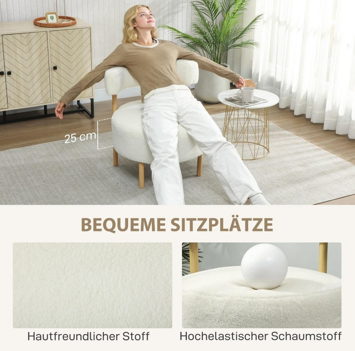 SESSEL 67/67/71 cm in Cremeweiß mit Sherpa-Fleece und Metallbeinen - Creme, Kunststoff (67/71/67cm) - BEAOK