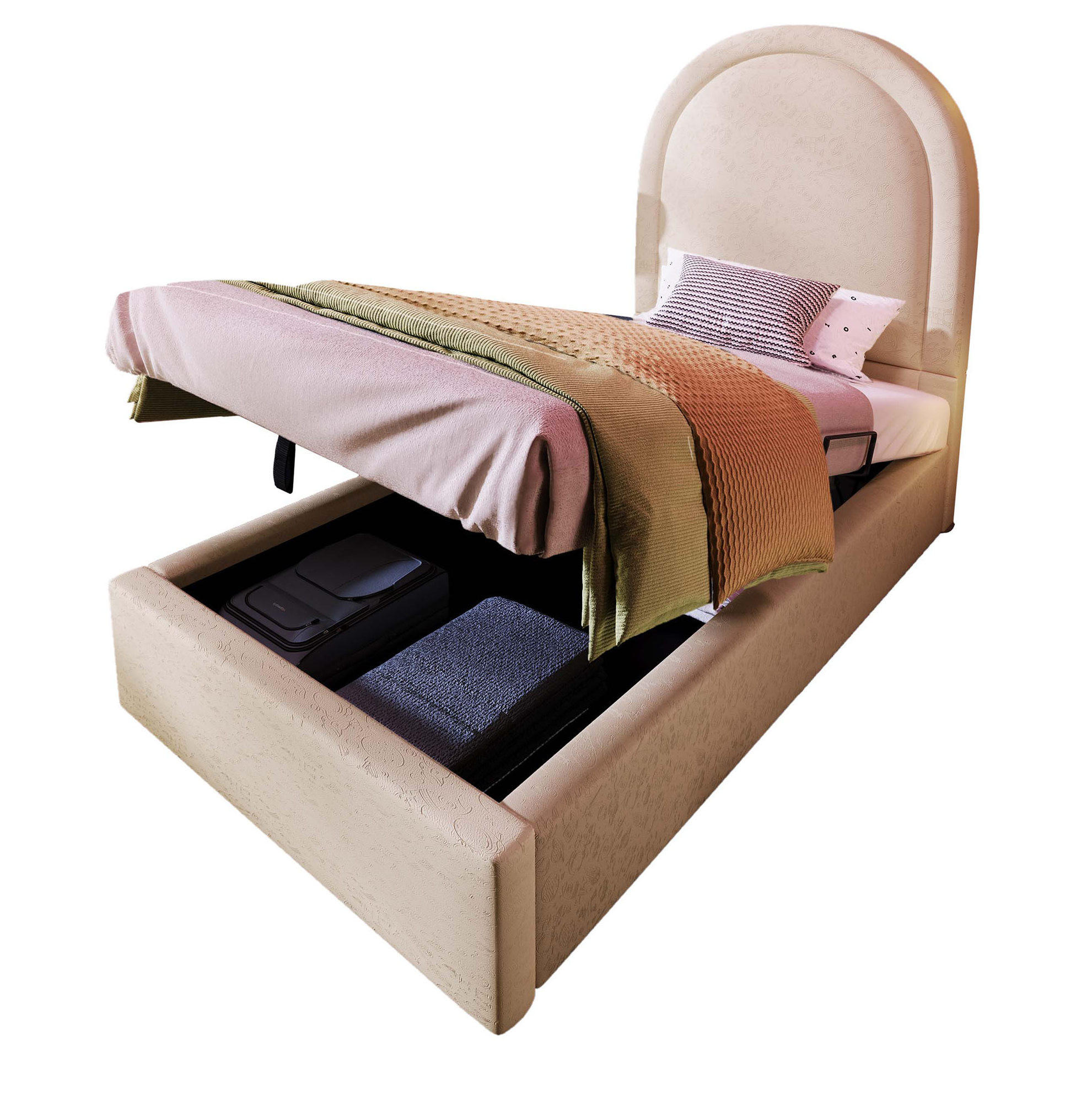 KINDERBETT 90/190 cm mit hydraulischem Bettkasten, Halbkreis-Kopfteil und PU-Bezug, Beige - Beige, Kunststoff (90/190cm) - Redom