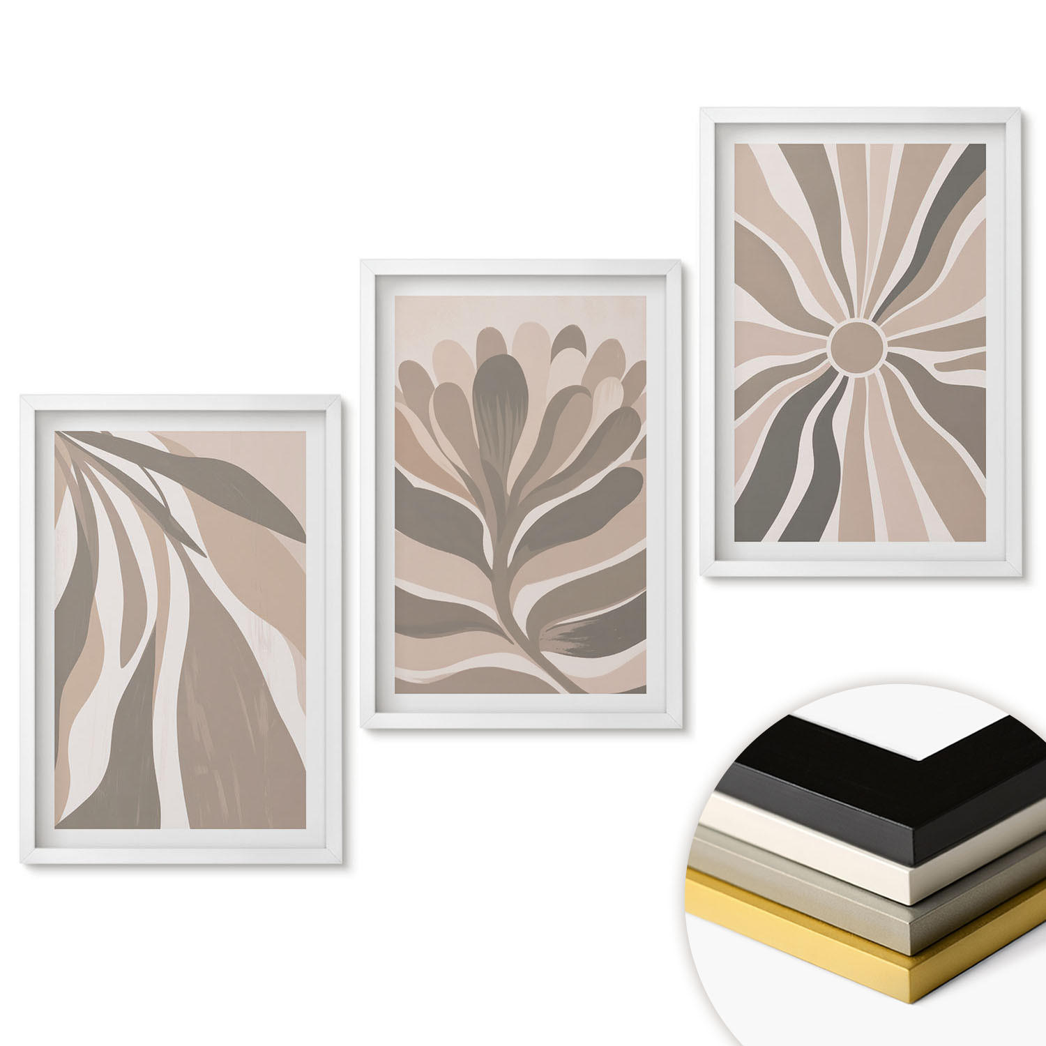 WANDBILDER 3er-Set - 40x60 cm Weißer Rahmen - Abstrakte Pflanzenmuster - Weiß, Kunststoff (40/60cm) - ArtPrintCave