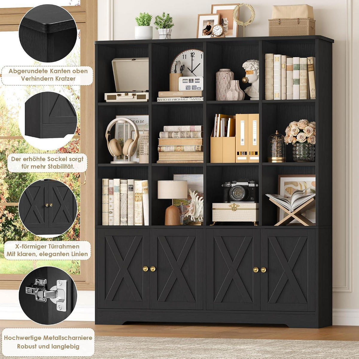 BÜCHERREGAL mit Türen Schwarz 144,8 x 29,8 x 121 cm - Schwarz, Holzwerkstoff (121/144.8/29.8cm)
