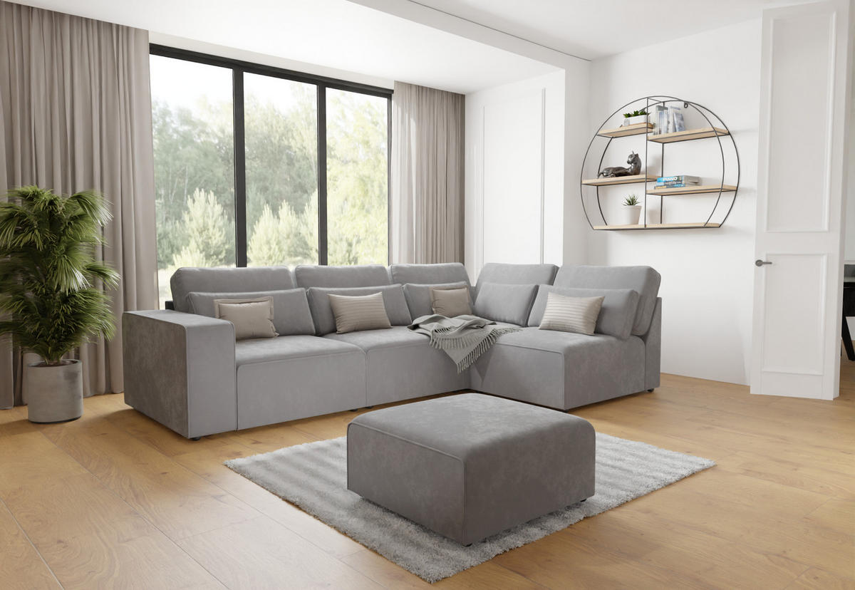 ECKSOFA modularer Leox Hellgrau Samt-Stoff - Hellgrau/Schwarz, Kunststoff/Textil (305/281cm) - S-Style Möbel