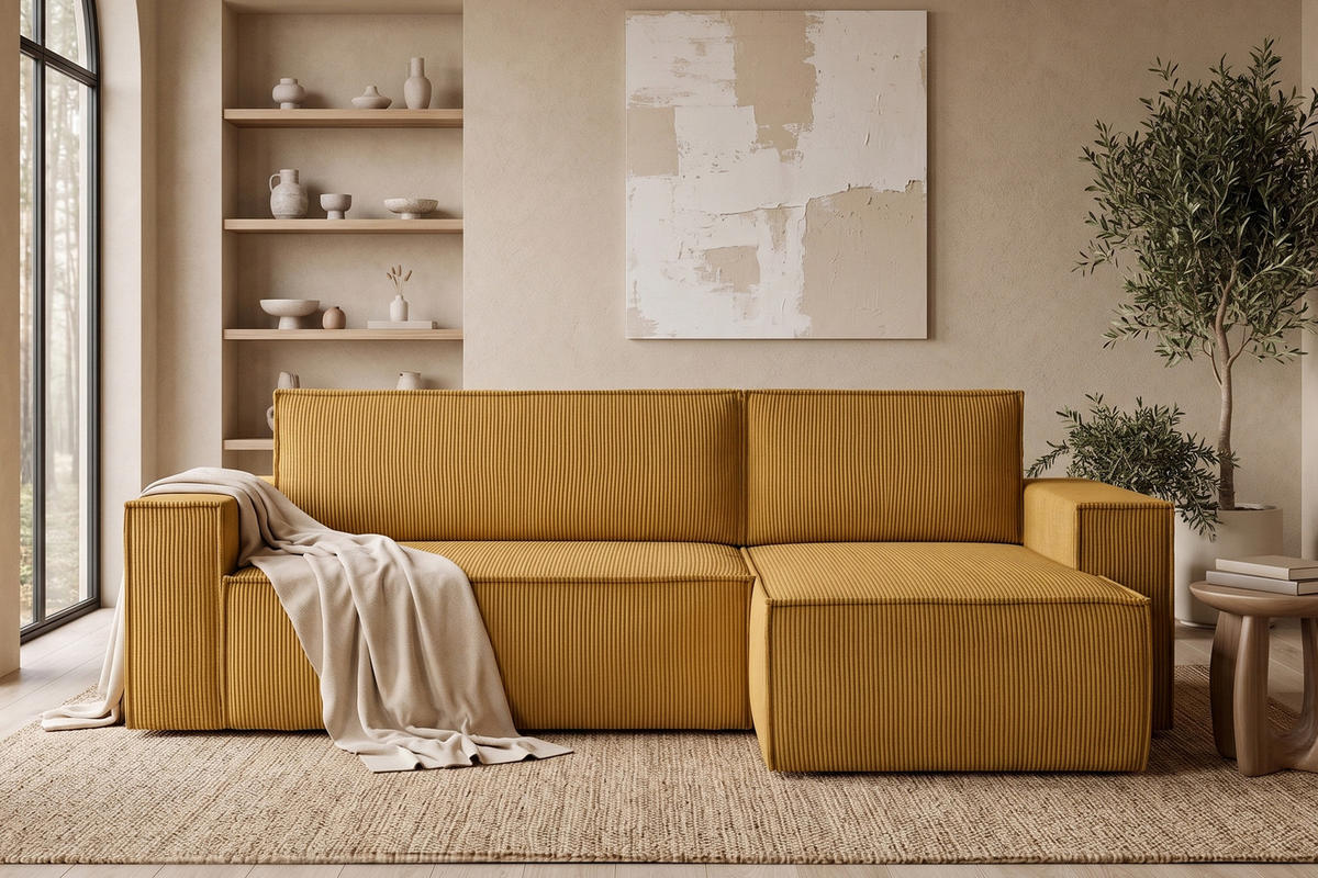 ECKSOFA-LINKS/RECHTS NAPI Schlaffunktion mit Cordbezug, Gelb - Gelb/Schwarz, Textil (262/148cm) - KONSIMO®