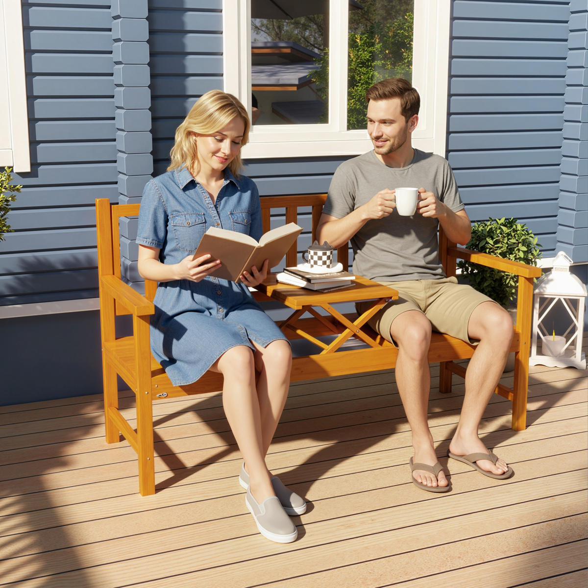 GARTENBANK, 3-Sitzer, mit Tisch, mit Armlehne, für Balkon, Terrasse, Holz, Hellbraun - Braun, Holz (56/91/153cm) - Outsunny