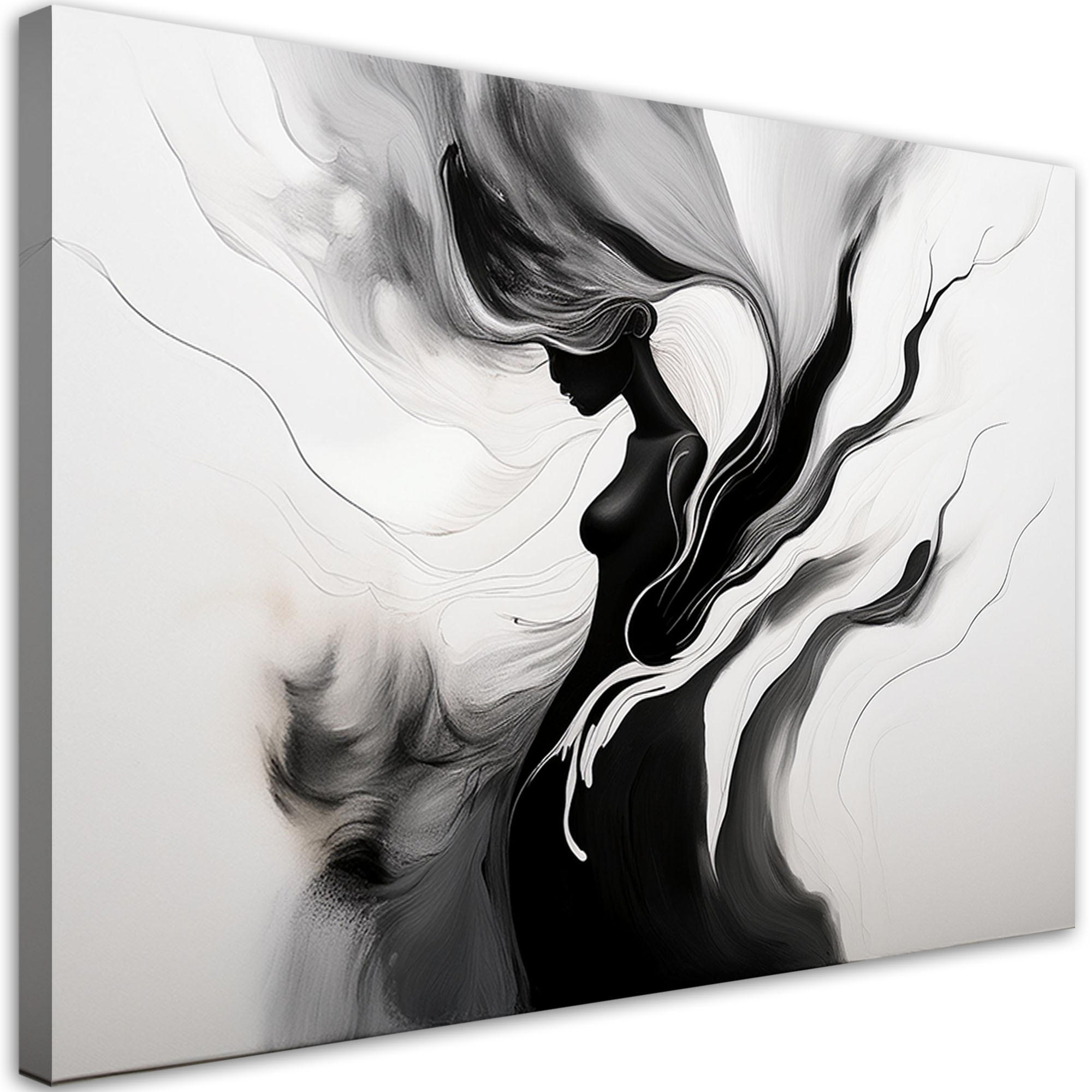 LEINWANDBILD Abstraktes Schwarz-Weiß-Aquarell der Frau 100x70cm - Schwarz, Textil (100/70cm) - Feeby