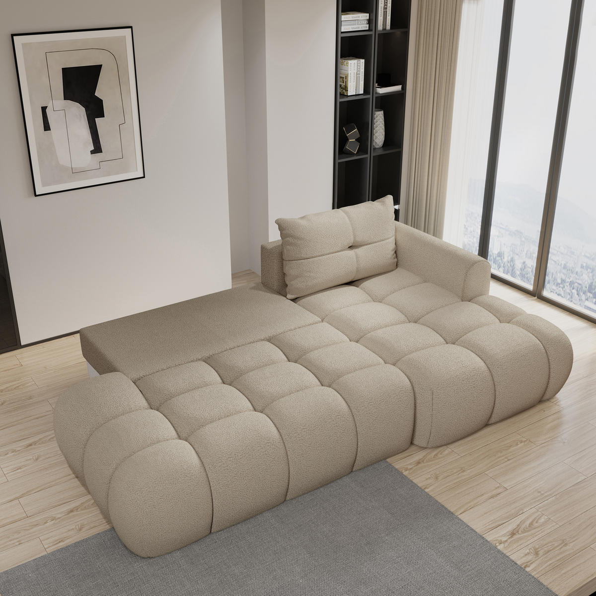ECKSOFA FLUMA R-S Beige Boucle-Stoff mit Schlaffunktion - Beige, Holz (274/165cm) - MASSENO