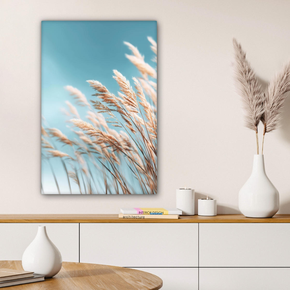 LEINWANDBILD Ziergras - Wind - Hellbraun Wanddeko Schlafzimmer 60x90 cm - Hellblau, Textil (60/90cm) - MuchoWow