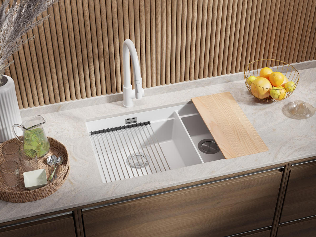 SPÜLBECKEN Praga Slim Duo, 2-er set Weiß 76/47 cm 2 Becken + Ablauf-Set + Aufrollbare Abtropffläche ab 80er Unterschrank - Chromfarben/Weiß, Kunststoff (76/20/47cm) - Primagran