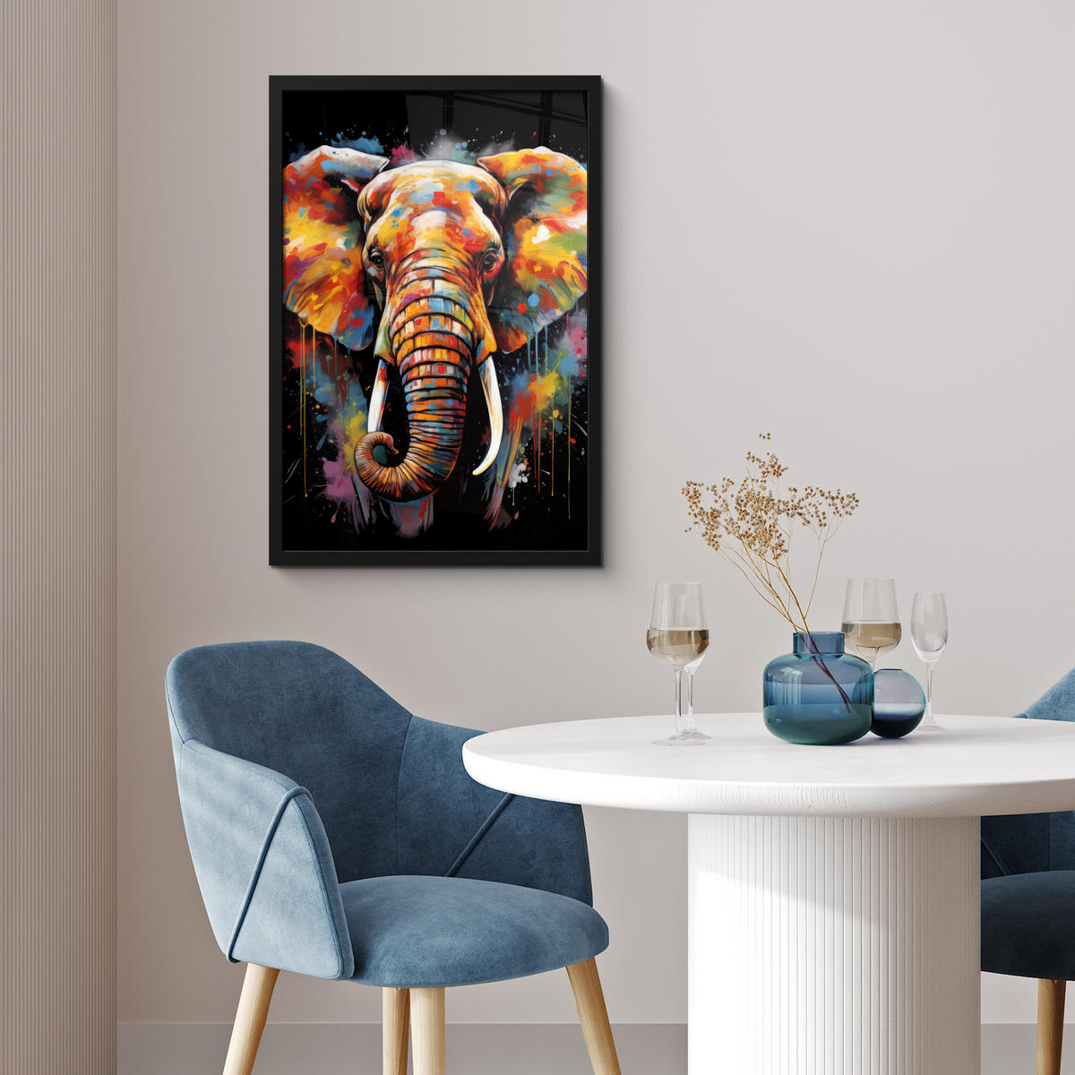 GERAHMTES BILD Elefant - Graffiti - Schwarz - Tiere - Farben 40x60 cm - Schwarz, Papier (40/60cm) - MuchoWow