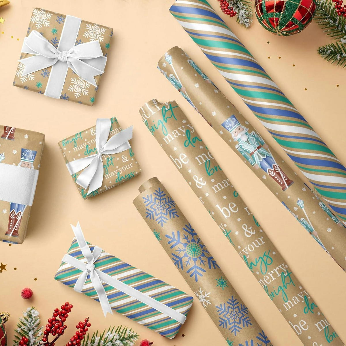 GESCHENKPAPIER 4 Rollen Kraftpapier Weihnachtsmotive 76 x 300 cm - Multicolor, Papier (4/76/15cm)