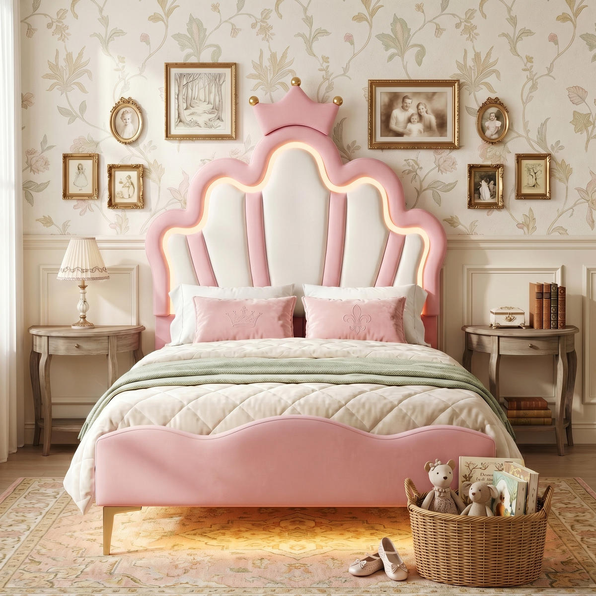 KINDERBETT Bogen-Krone mit 2-Zonen-LED & Goldbeinen 90/200 cm PU-Leder Rosa - Pink, Leder (90/200cm) - Creahappy
