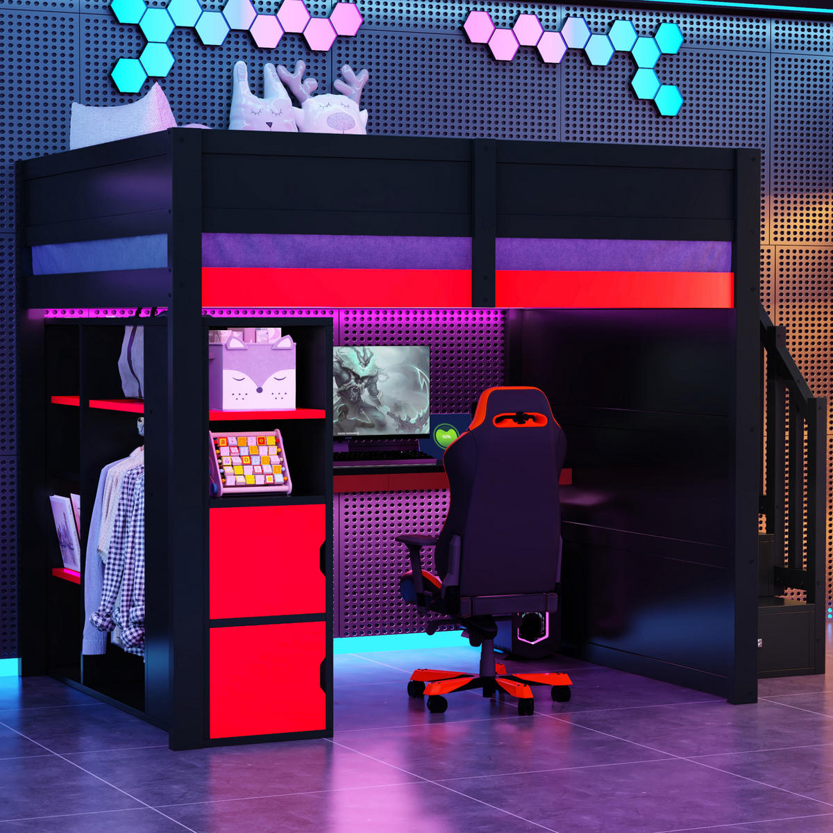 HOCHBETT 140/200 cm mit Schreibtisch, LED-Beleuchtung und Stauraum aus Holzwerkstoff, Schwarz/Rot - Schwarz, Holzwerkstoff (140/200cm) - Redom