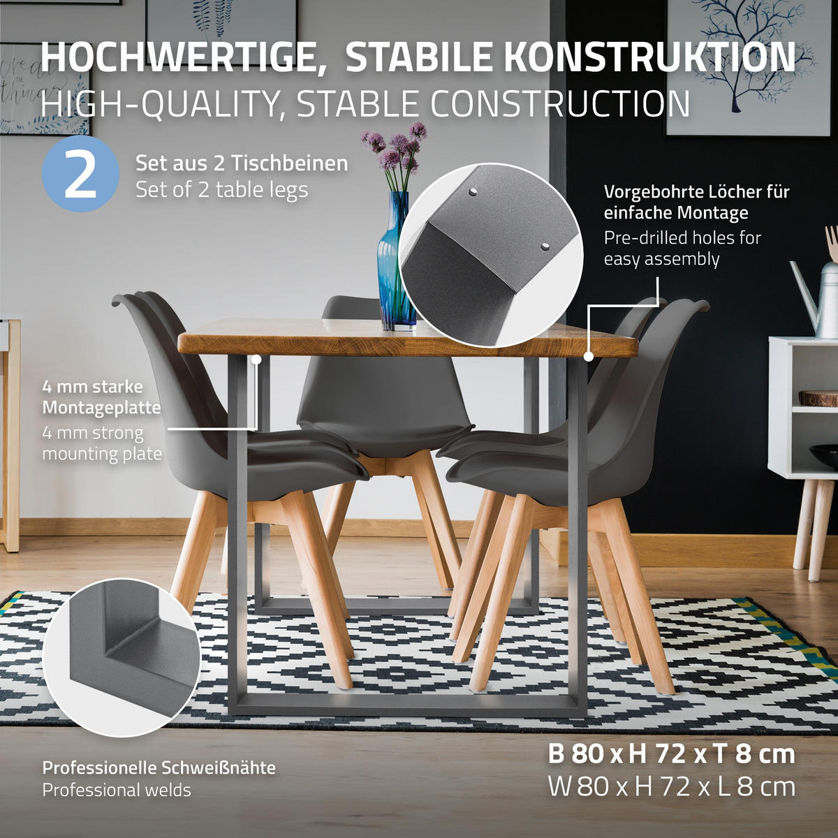 TISCHBEINE 2er Set 80 x 72 cm Grau - Grau, Metall (80/8/72cm) - ECD-Germany