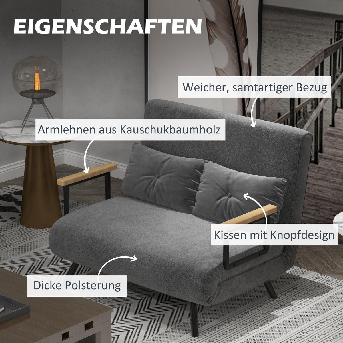 SCHLAFSOFA, Zweisitzer mit Bettfunktion, Schlafcouch mit Samtoptik, Rückenkissen - Dunkelgrau/Schwarz, Holz/Textil (73/81/102cm) - HOMCOM