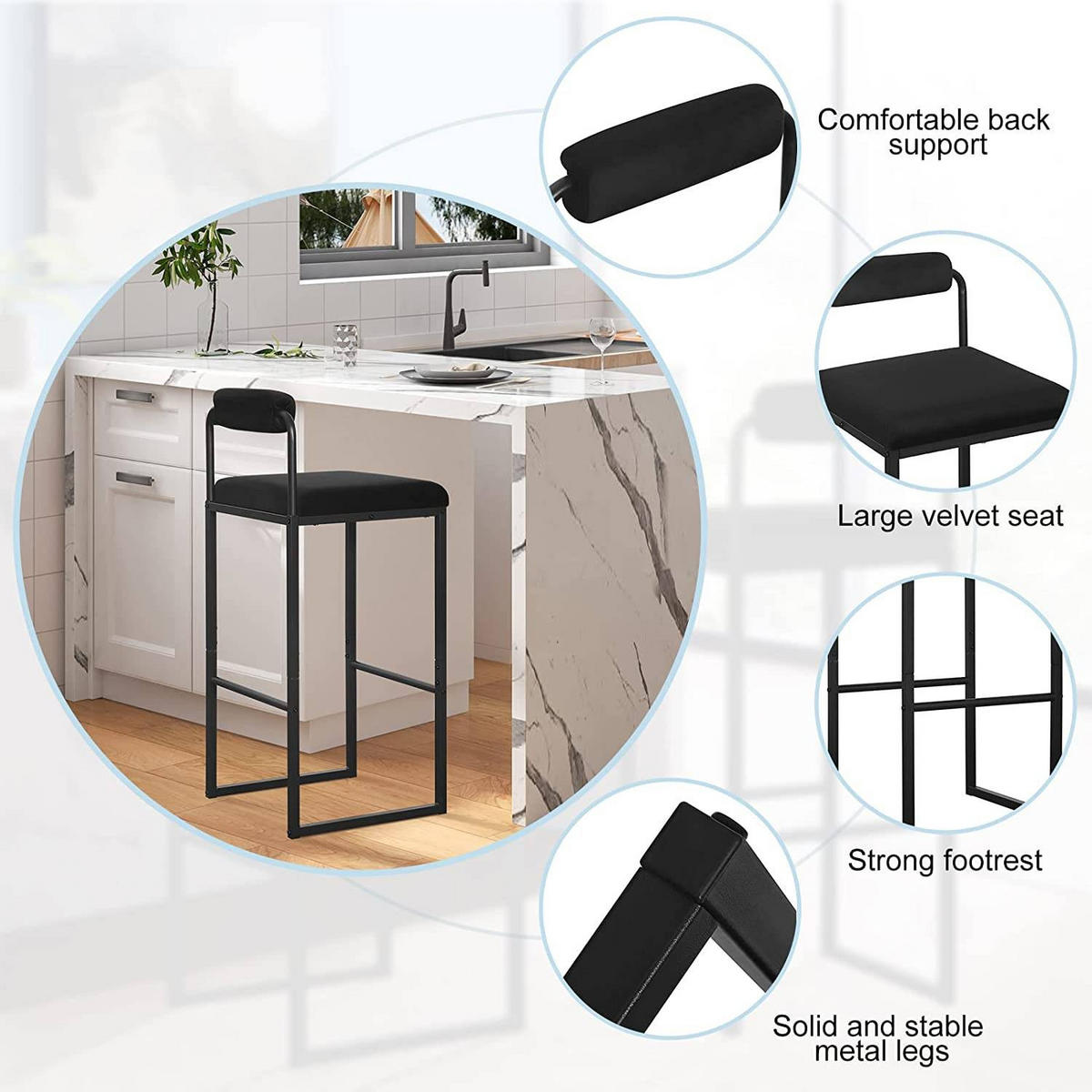 BARHOCKER 2er Set, Hochstuhl, Samt, Schwarz - Schwarz, Textil/Metall (39/95.5/38.5cm) - Woltu