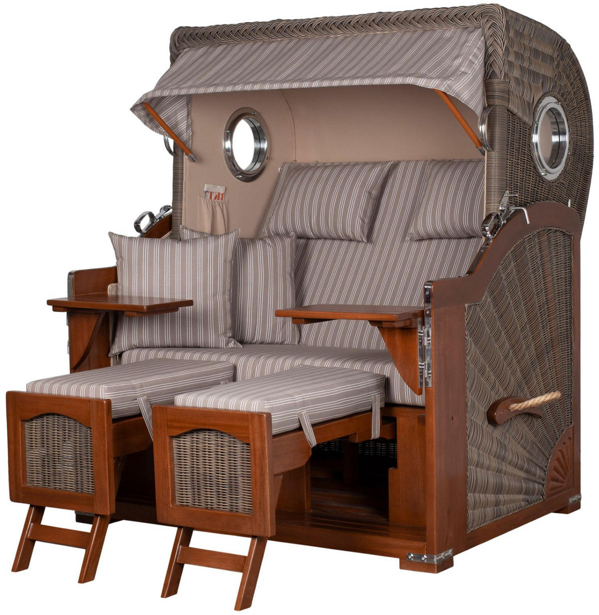 STRANDKORB Komplettset: Ammersee Grande XL Mahagoni Bullauge - PE grau - Modell 501 - Braun/Grau, Holz/Kunststoff (142/165/95cm) - bene living