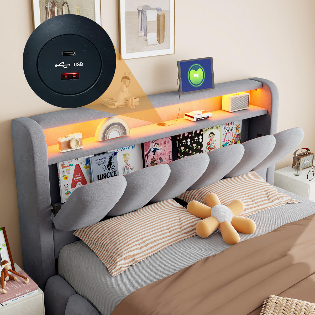 POLSTERBETT 180/200 mit LED/USB, Kopfteil Stauraum, Samt, Grau - Grau, Holz (180/200cm) - LVHOM