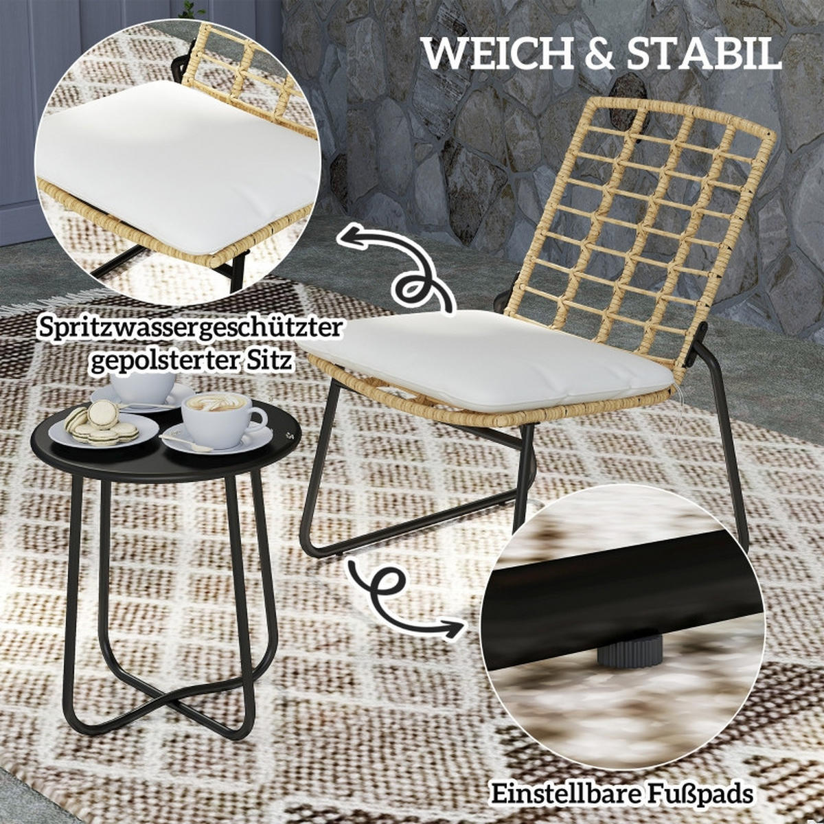 RATTAN GARTENMÖBEL SET 3-tlg. Beige & Braun für 2 Personen mit Stapelbaren Stühlen - Beige, Metall - ComfortXL