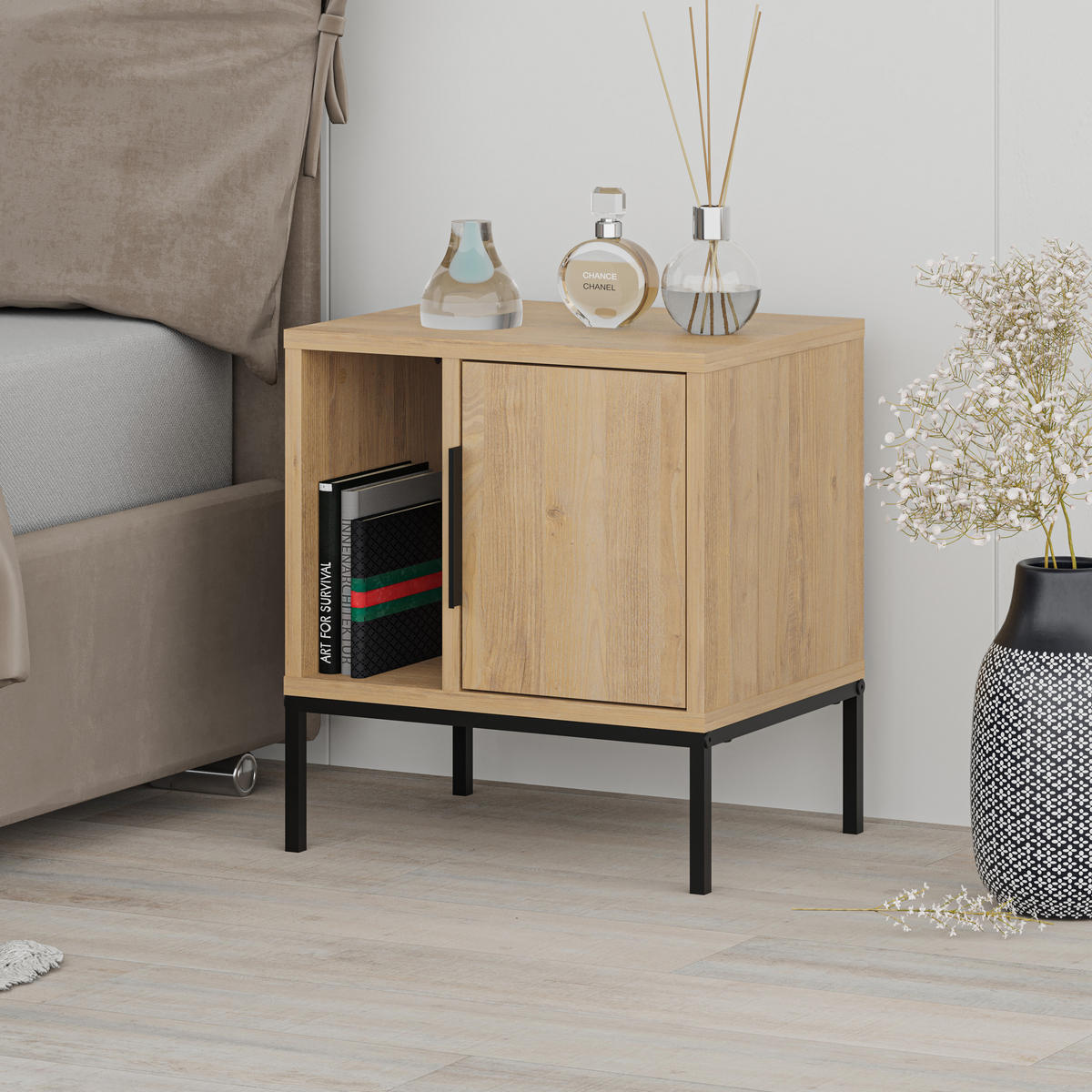 NACHTTISCH Glynn U Eiche 45/35/50 cm - Eichefarben/Schwarz, Holzwerkstoff/Metall (45/50/35cm) - Decortie