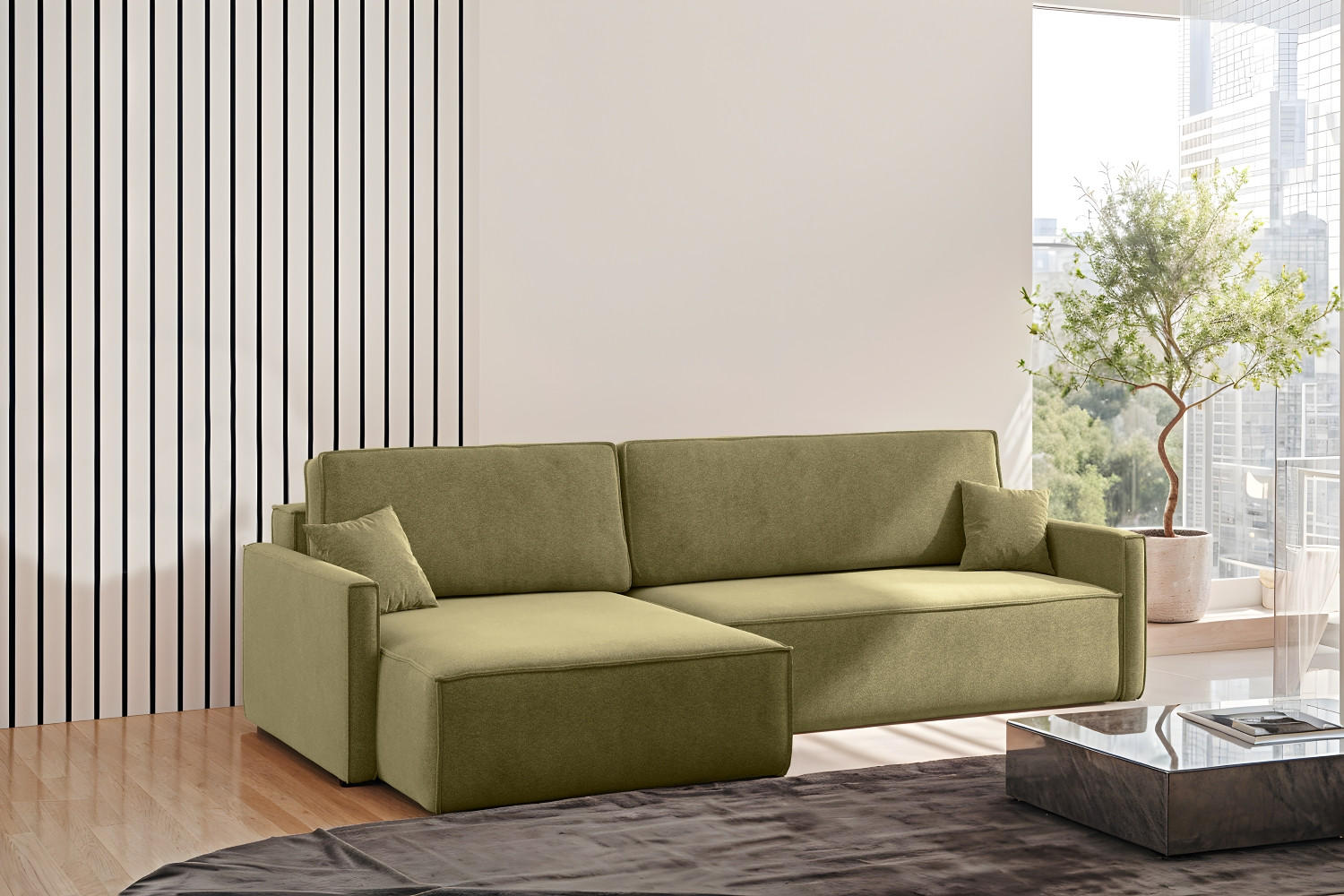 SCHLAFSOFA Carlos L-Form, Ecksofa Mit Bettkasten Und Schlaffunktion Stoff Salvador Rechts Olive - Olivgrün, Holz/Textil (250/83/142cm) - Kaiser Möbel