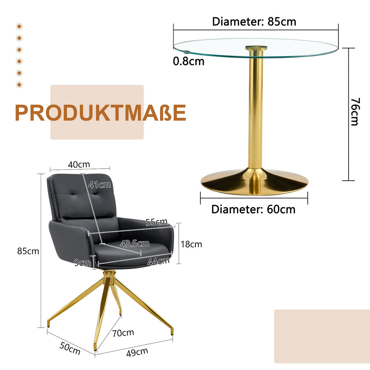 ESSGRUPPE DE-39476 5-teilig, Glastisch und 4 Drehstühlen mit Knopfverzierung Schwarz - Schwarz, Metall (85/75/85cm) - ComfortXL