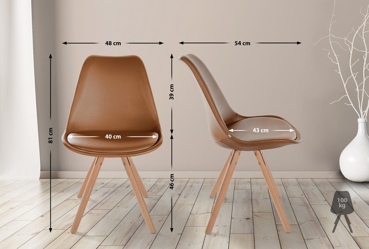 STUHL Lederlook braun - Eukalyptusholzfarben/Braun, Holz/Textil (48/81/54cm) - CLP