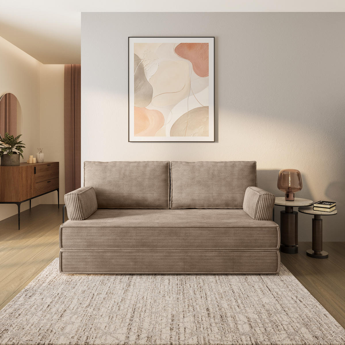 BETTSOFA SILAR aus Schaumstoff Cordstoff Beige Schlaffunktion - Beige, Textil (170/86/80cm) - MASSENO