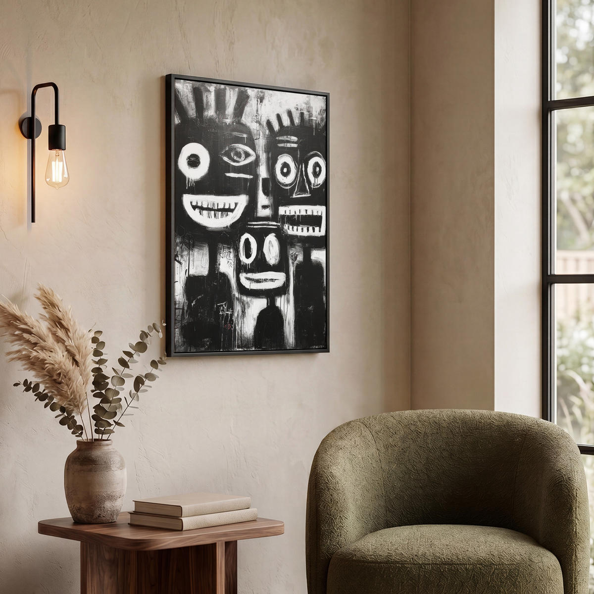LEINWAND Bilder mit Rahmen - Malerei - Figuren - Schwarz - Abstrakt - 50x70 - Schwarz, Textil (50/70cm) - MuchoWow