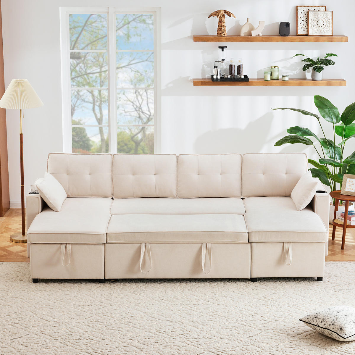 SCHLAFSOFA U-Form, Baumwoll-Leinenstoff mit Stauraum & Getränkehaltern, 270/130/86 cm, Beige - Beige, Textil (130/86/270cm) - Redom