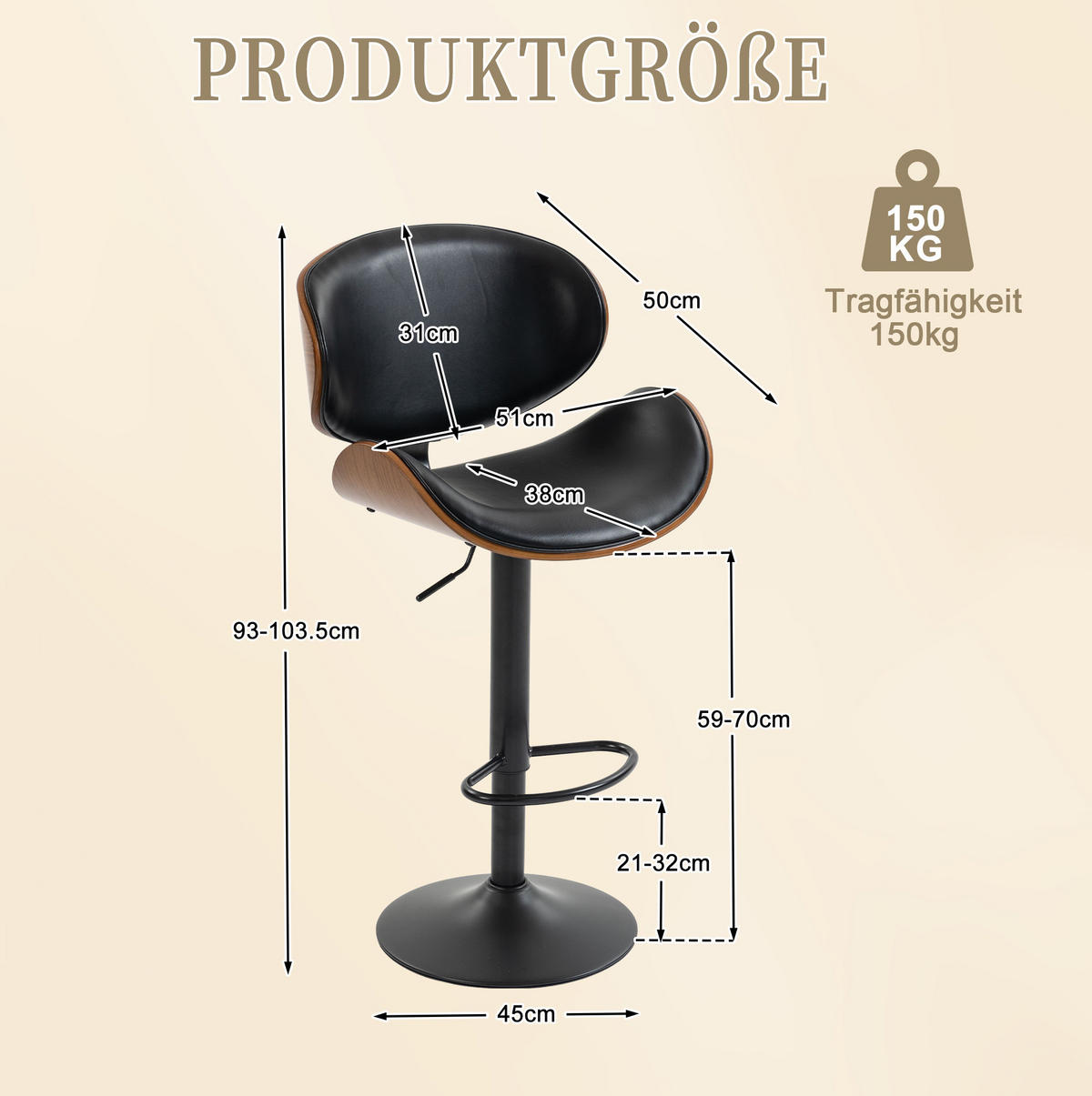 BARHOCKER höhenverstellbar und drehbar, Schwarz, Sitzhöhe 59–70 cm - Schwarz, Metall (50/93/51cm) - MIVRAY